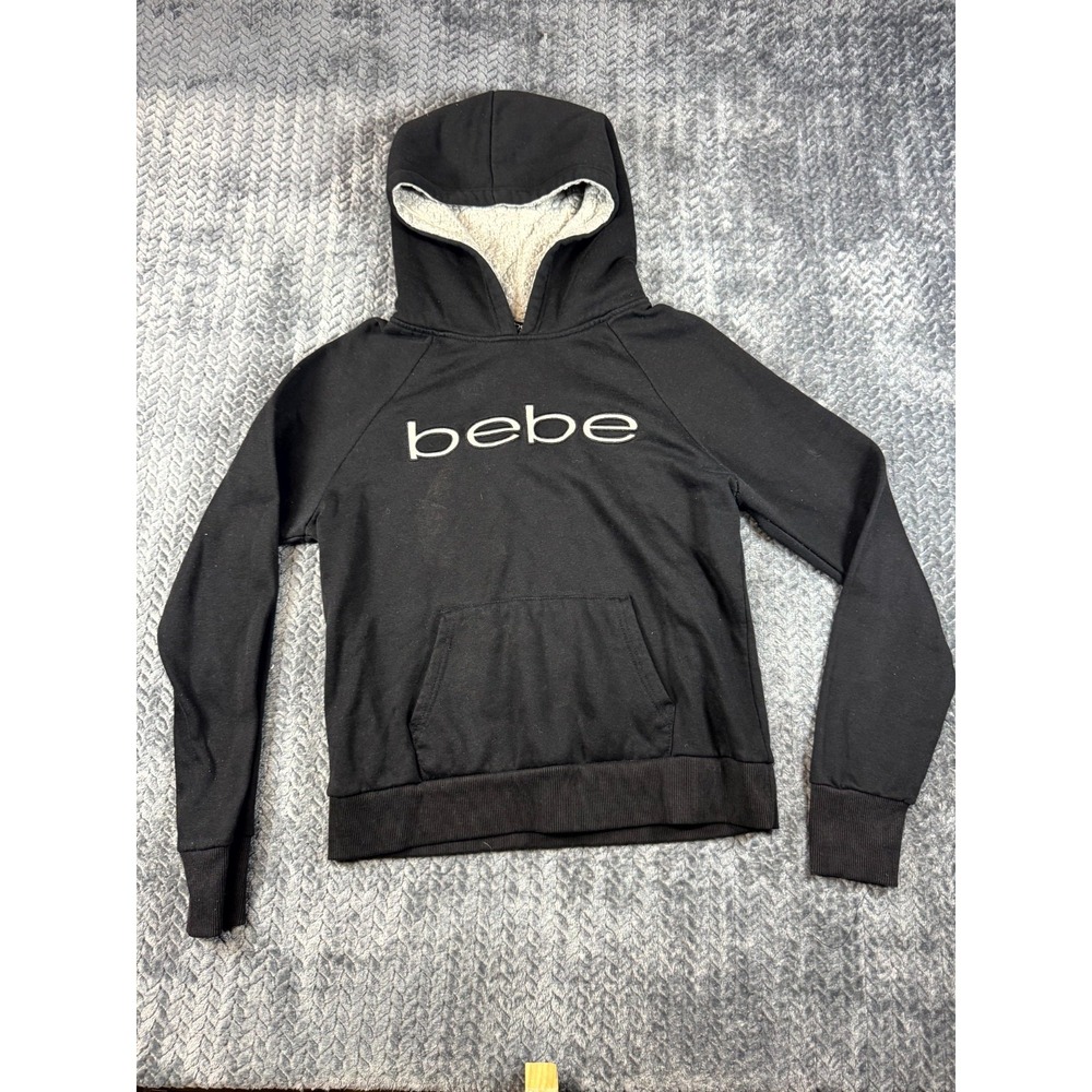 Bebe Sport Hoodie Womens L Black Logo Fleece Lined Cotton Raglan Sleeve Pullover